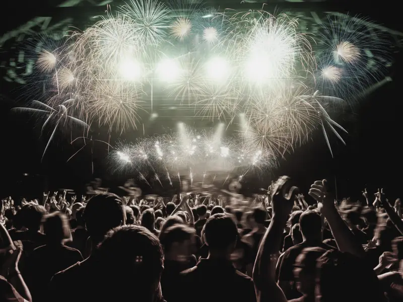 Festival crowd with pyrotechnics
