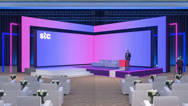 Conference main stage with LED wall and seating